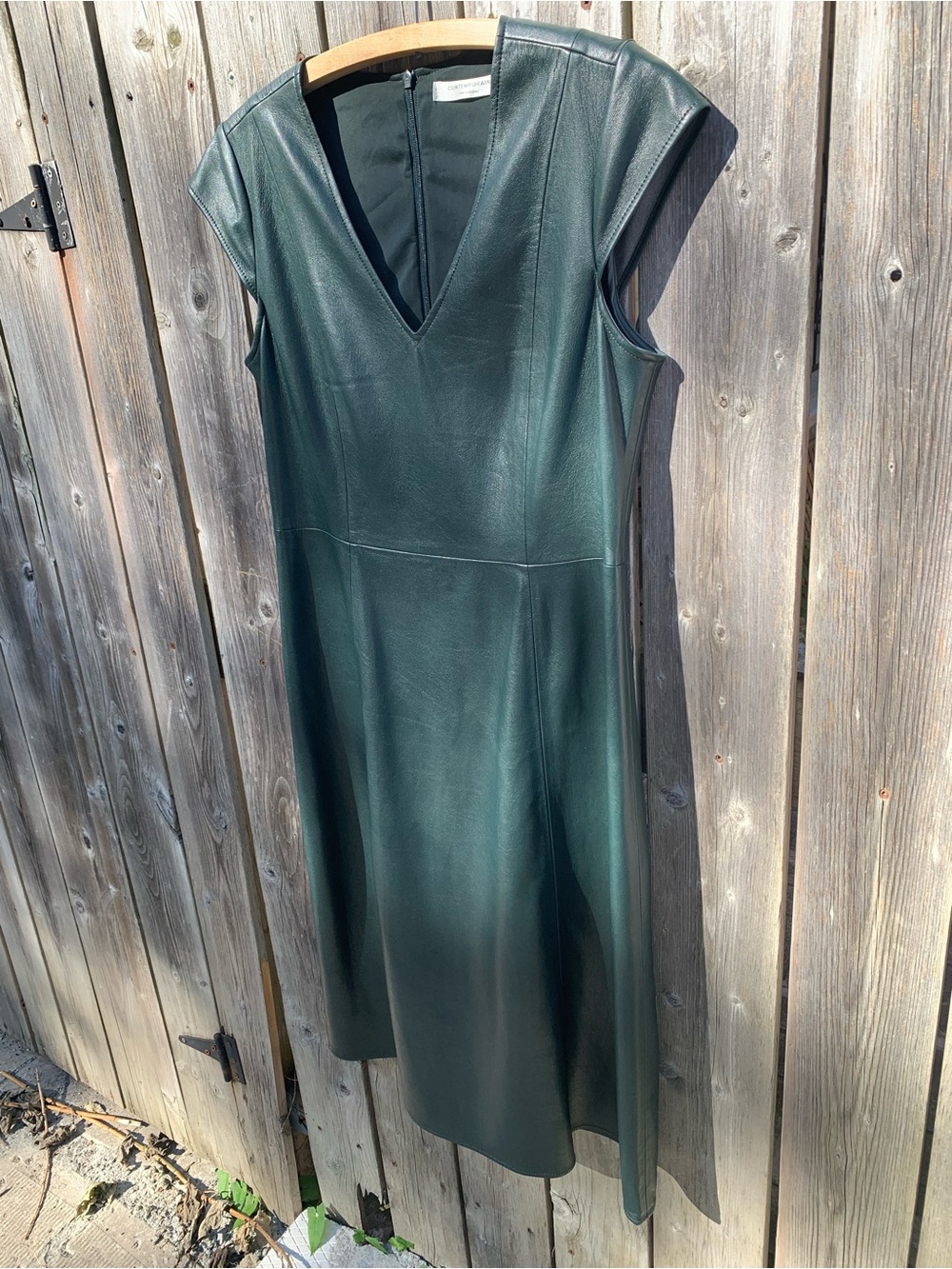 Dark Green Faux Leather Cap Sleeve Sheath Dress | Size 6